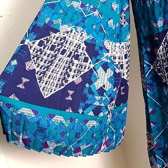 love FIRE Teal, Navy Blue & White Boho Dress, Wide Pleated Longsleeves, Sz Small - Picture 4 of 11